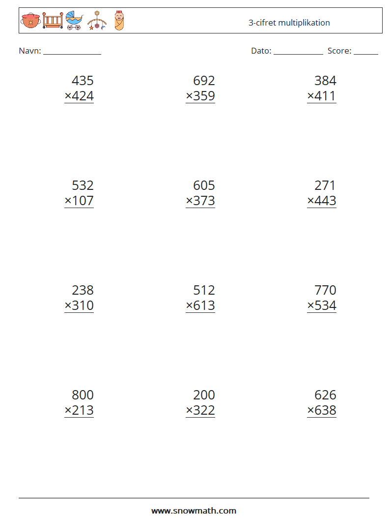 (12) 3-cifret multiplikation Matematiske regneark 15