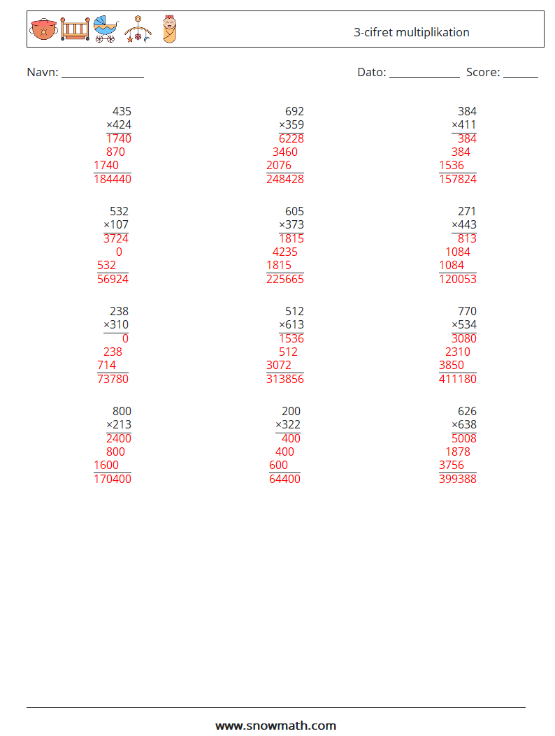 (12) 3-cifret multiplikation Matematiske regneark 15 Spørgsmål, svar