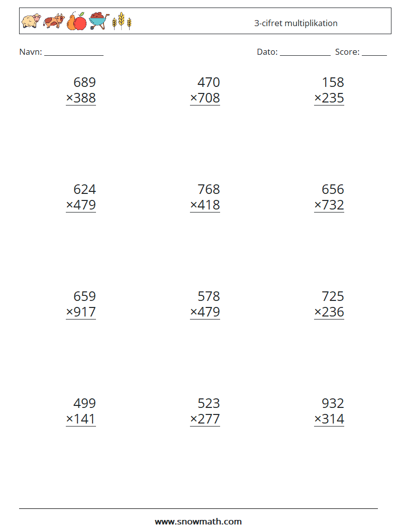 (12) 3-cifret multiplikation Matematiske regneark 16
