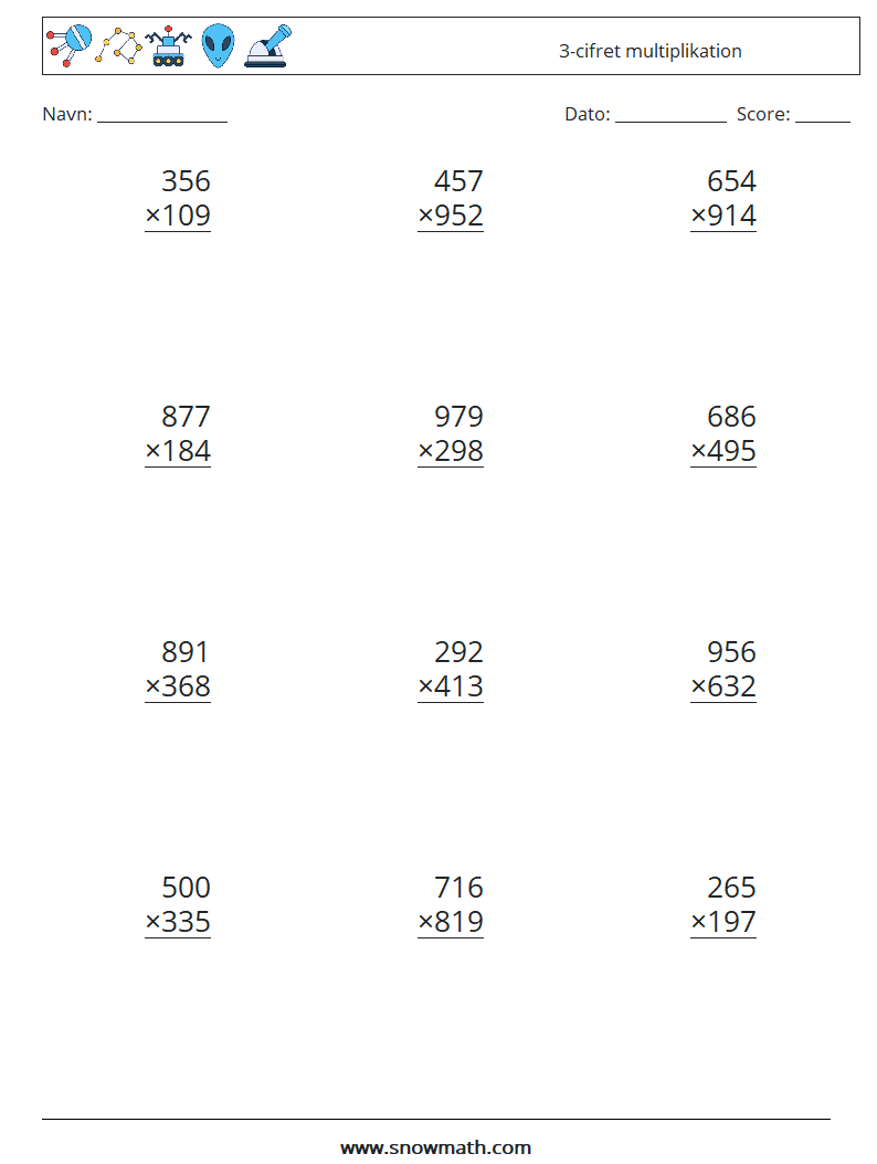 (12) 3-cifret multiplikation Matematiske regneark 18