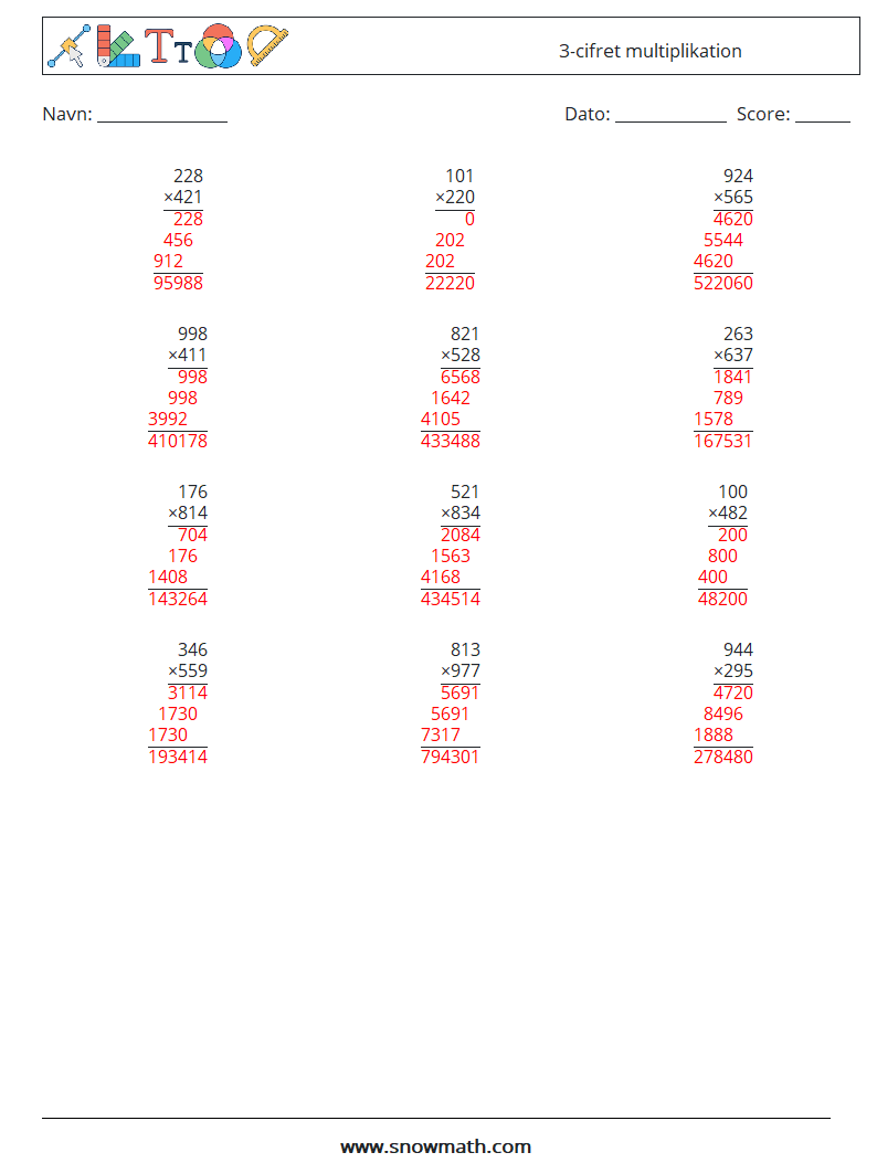 (12) 3-cifret multiplikation Matematiske regneark 1 Spørgsmål, svar