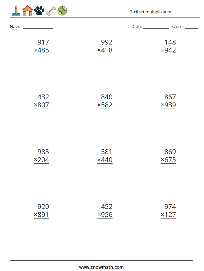(12) 3-cifret multiplikation Matematiske regneark 2