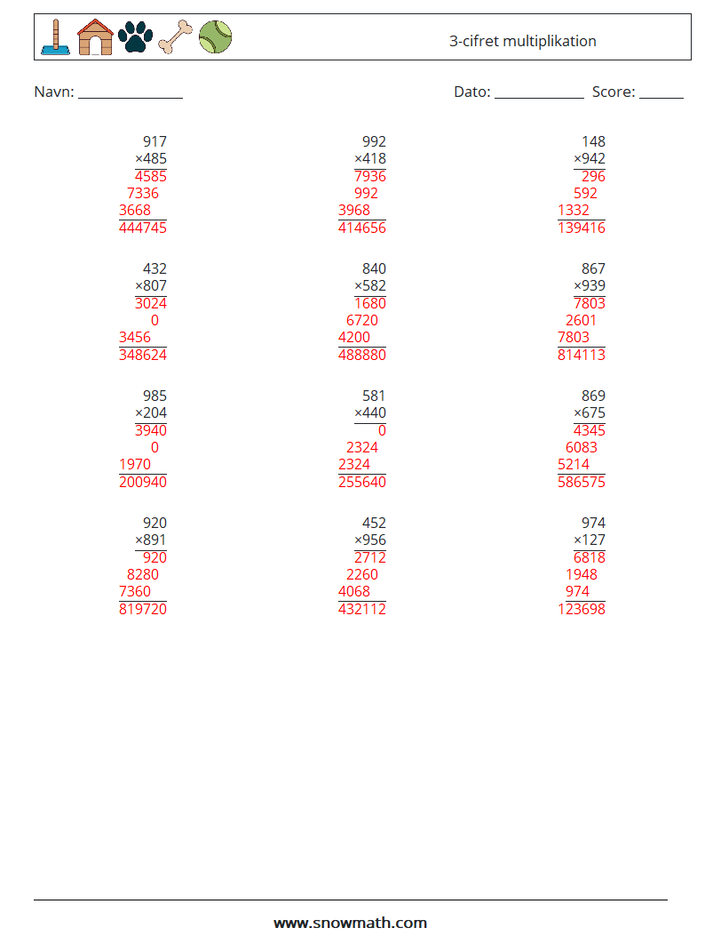 (12) 3-cifret multiplikation Matematiske regneark 2 Spørgsmål, svar