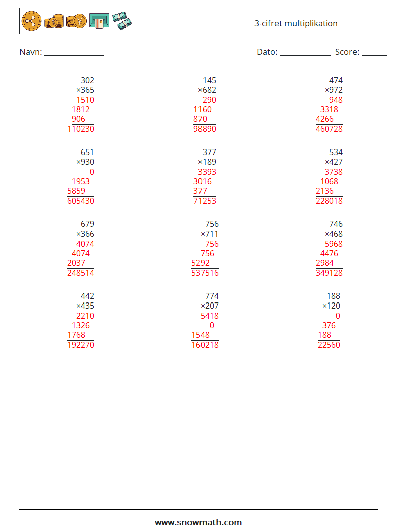 (12) 3-cifret multiplikation Matematiske regneark 3 Spørgsmål, svar