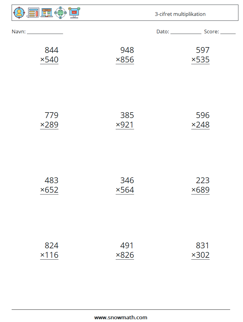 (12) 3-cifret multiplikation Matematiske regneark 4
