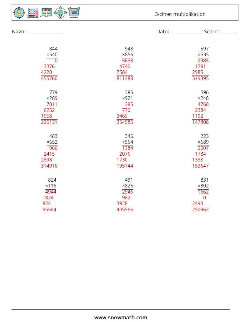 (12) 3-cifret multiplikation Matematiske regneark 4 Spørgsmål, svar