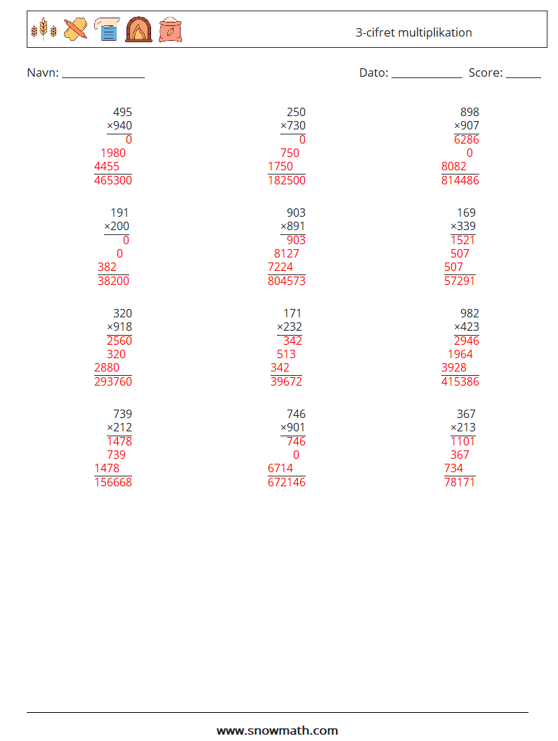 (12) 3-cifret multiplikation Matematiske regneark 5 Spørgsmål, svar