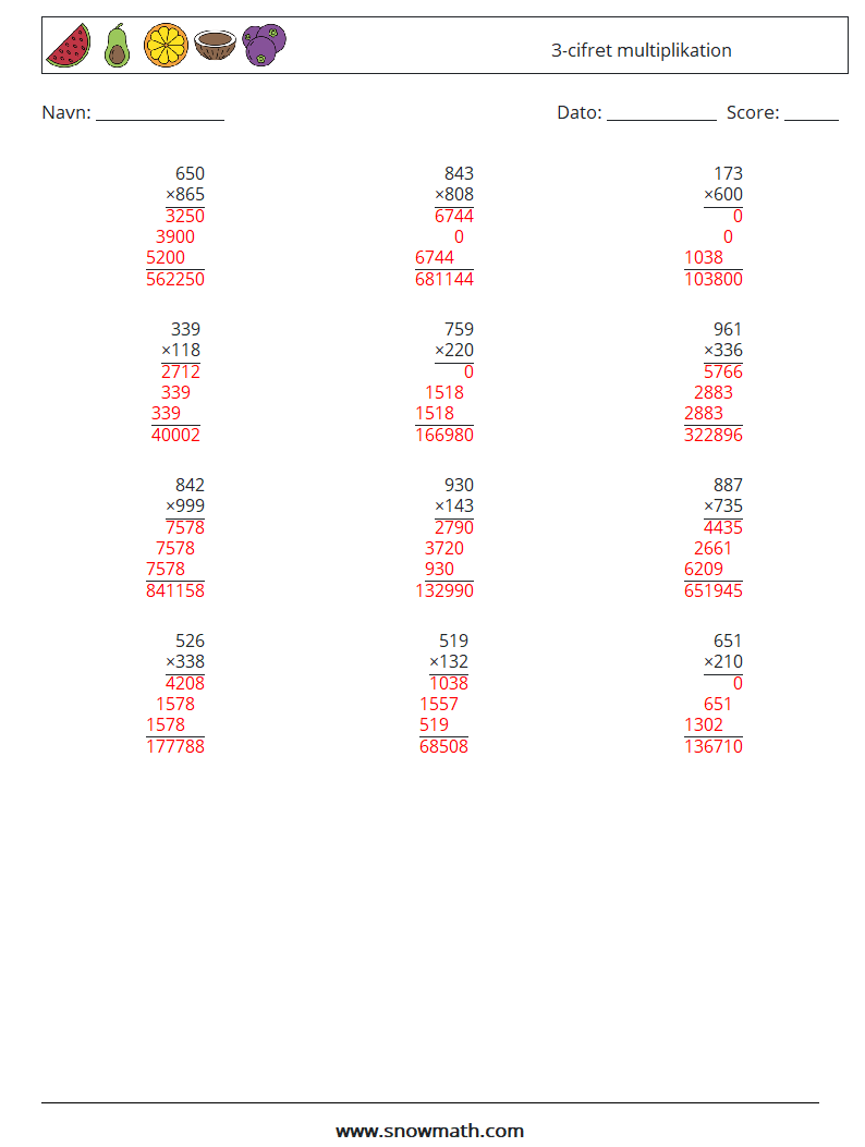 (12) 3-cifret multiplikation Matematiske regneark 6 Spørgsmål, svar