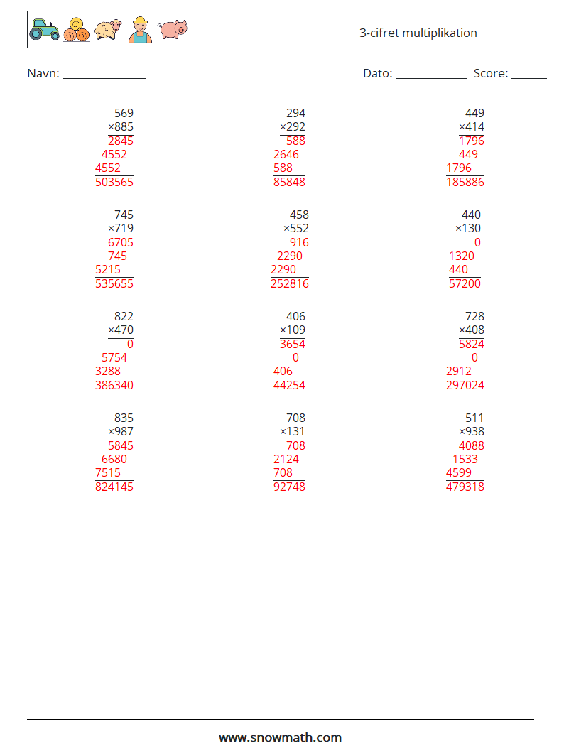 (12) 3-cifret multiplikation Matematiske regneark 7 Spørgsmål, svar