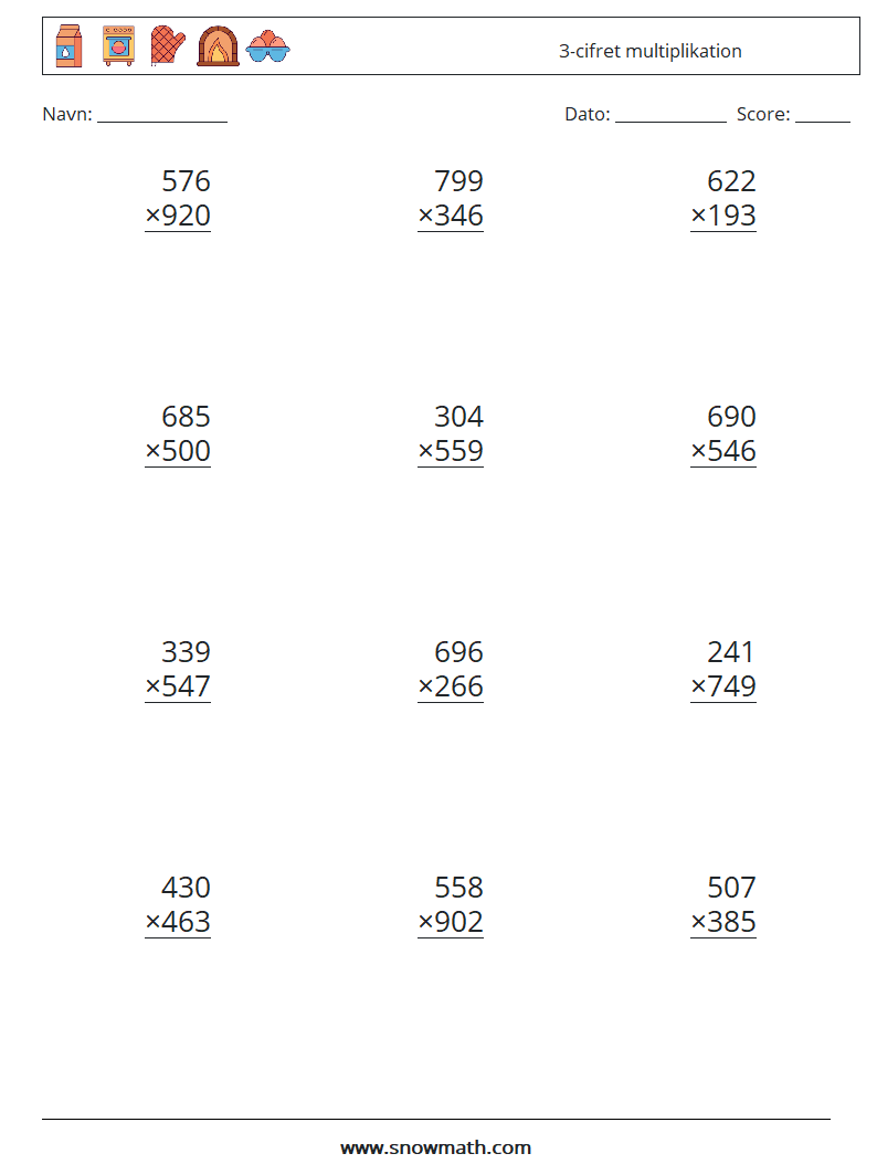 (12) 3-cifret multiplikation Matematiske regneark 8