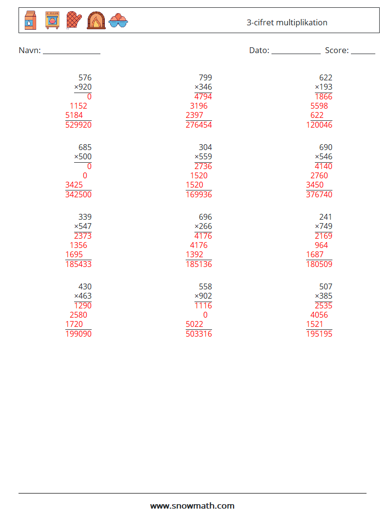 (12) 3-cifret multiplikation Matematiske regneark 8 Spørgsmål, svar
