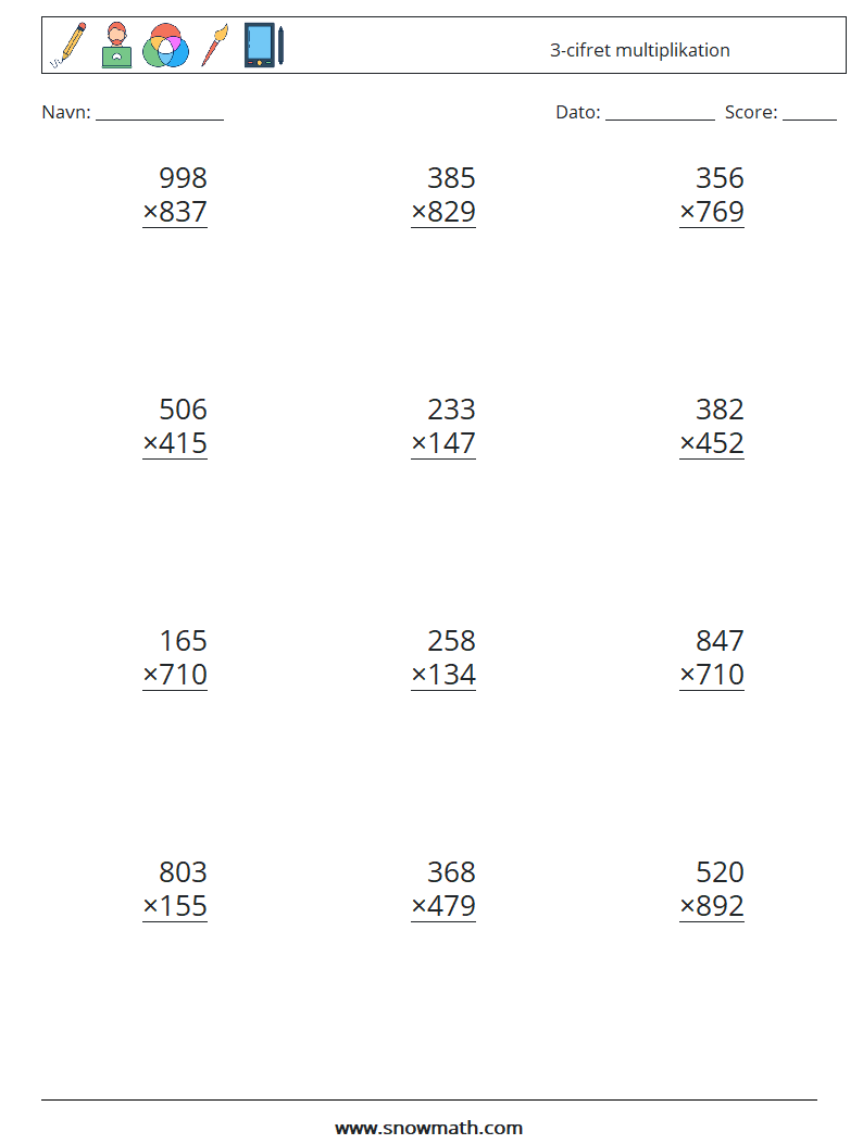 (12) 3-cifret multiplikation Matematiske regneark 9