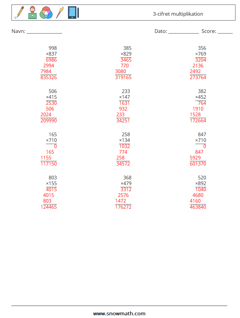 (12) 3-cifret multiplikation Matematiske regneark 9 Spørgsmål, svar