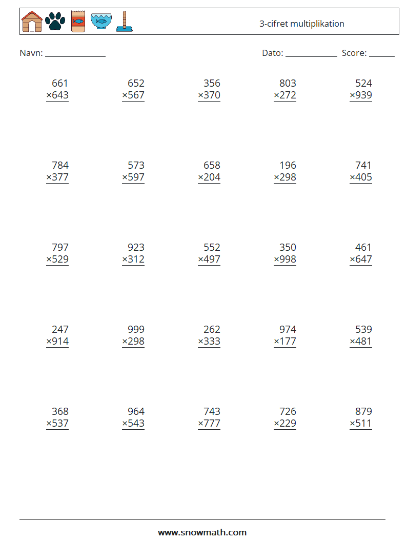 (25) 3-cifret multiplikation Matematiske regneark 1