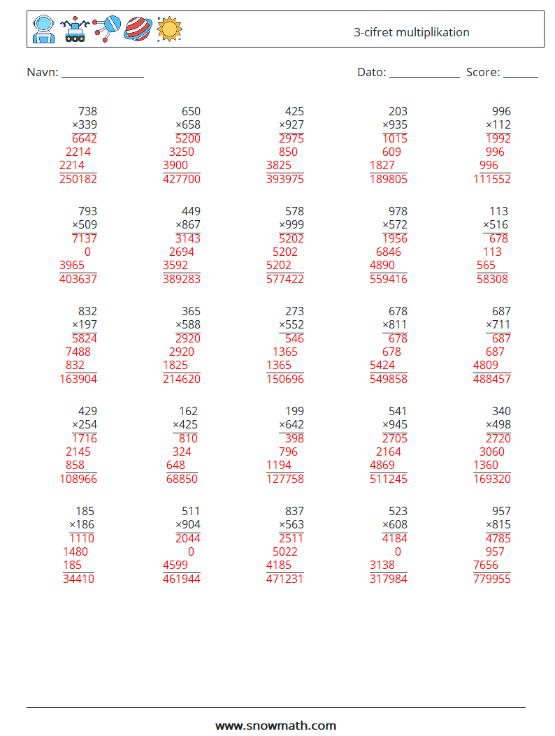 (25) 3-cifret multiplikation Matematiske regneark 13 Spørgsmål, svar