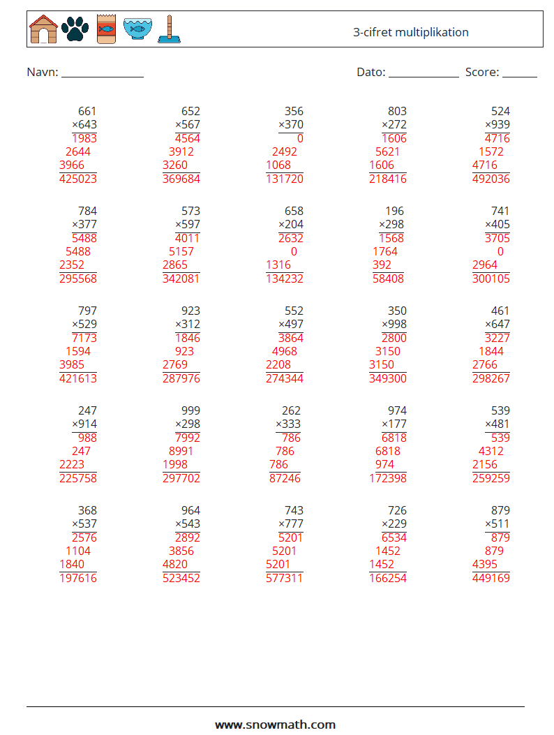 (25) 3-cifret multiplikation Matematiske regneark 1 Spørgsmål, svar