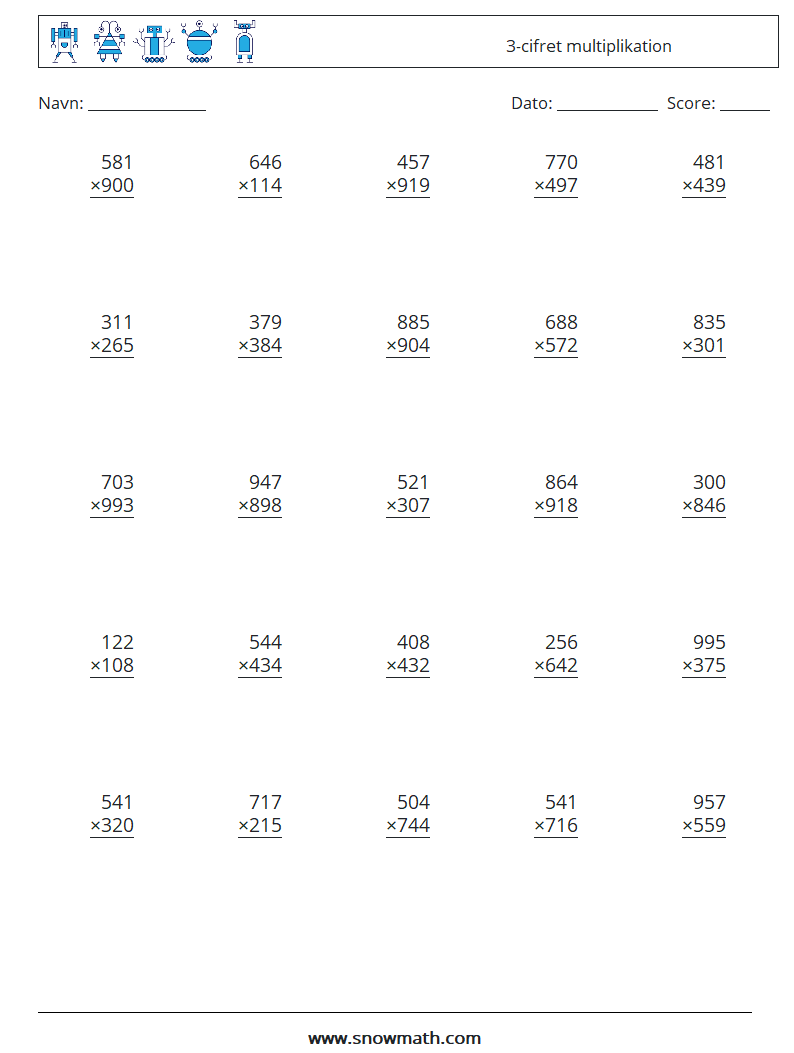 (25) 3-cifret multiplikation Matematiske regneark 2