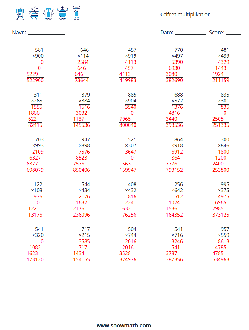 (25) 3-cifret multiplikation Matematiske regneark 2 Spørgsmål, svar