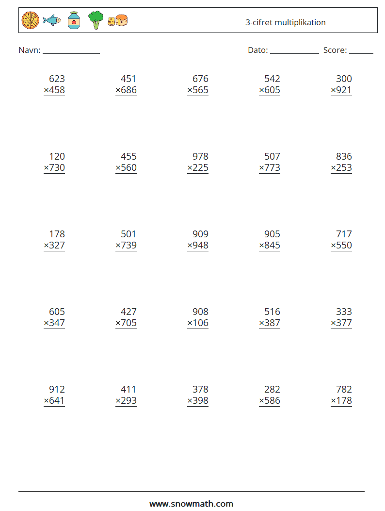(25) 3-cifret multiplikation Matematiske regneark 3