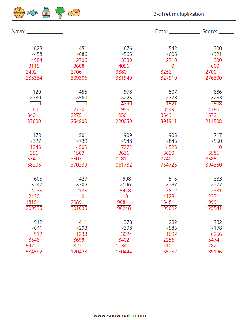 (25) 3-cifret multiplikation Matematiske regneark 3 Spørgsmål, svar