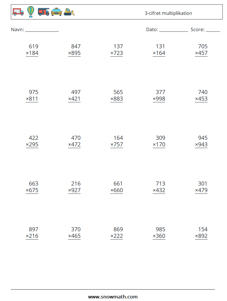 (25) 3-cifret multiplikation Matematiske regneark 4