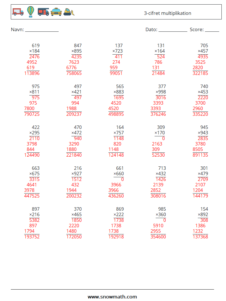 (25) 3-cifret multiplikation Matematiske regneark 4 Spørgsmål, svar