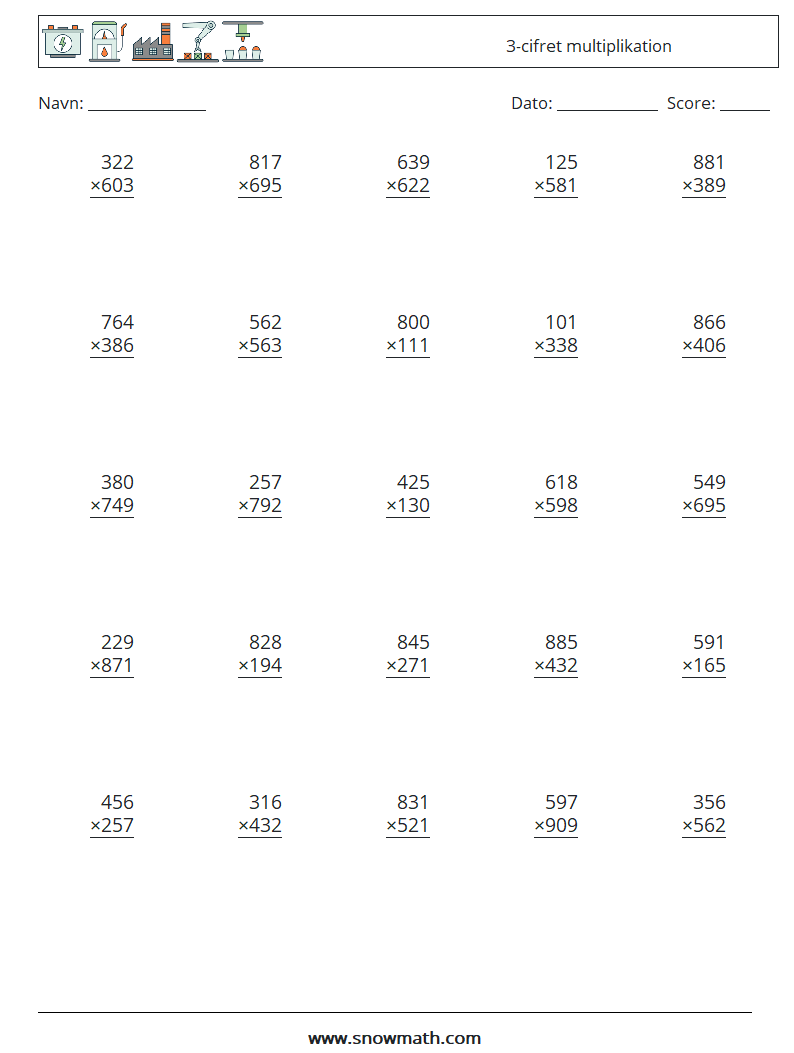 (25) 3-cifret multiplikation Matematiske regneark 5