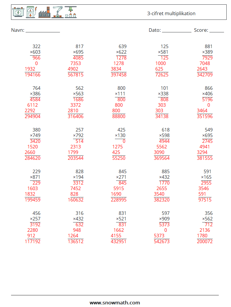 (25) 3-cifret multiplikation Matematiske regneark 5 Spørgsmål, svar