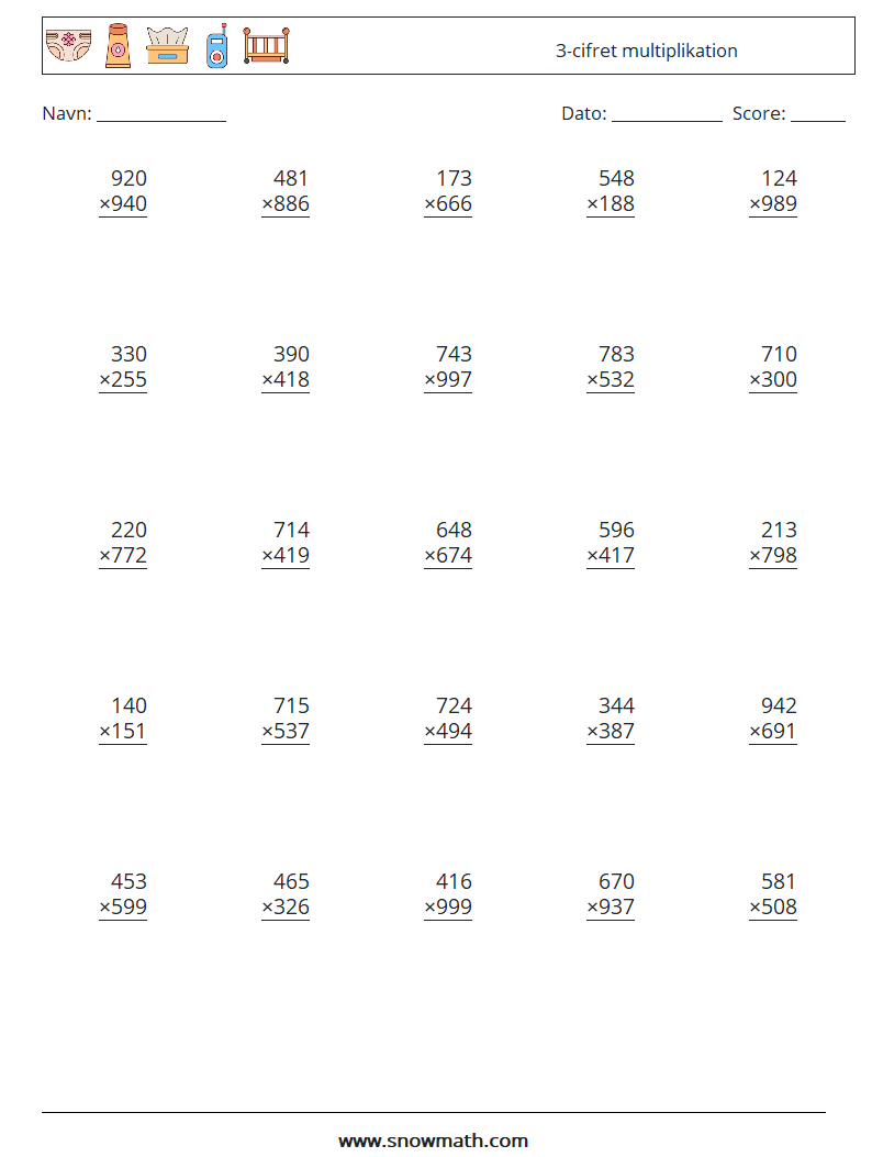 (25) 3-cifret multiplikation Matematiske regneark 6