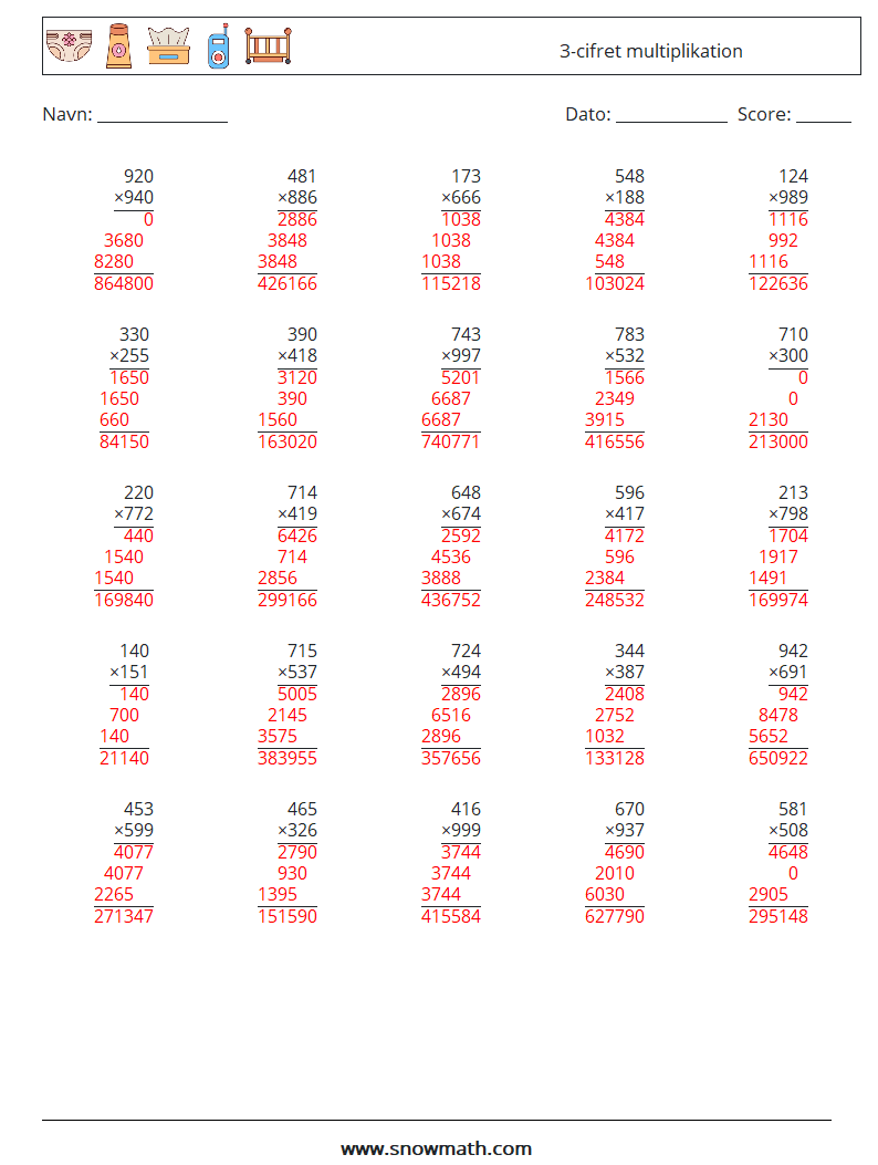 (25) 3-cifret multiplikation Matematiske regneark 6 Spørgsmål, svar