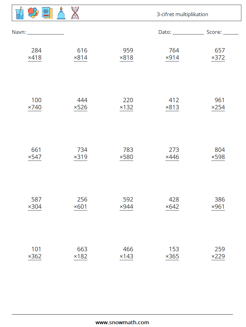 (25) 3-cifret multiplikation Matematiske regneark 7