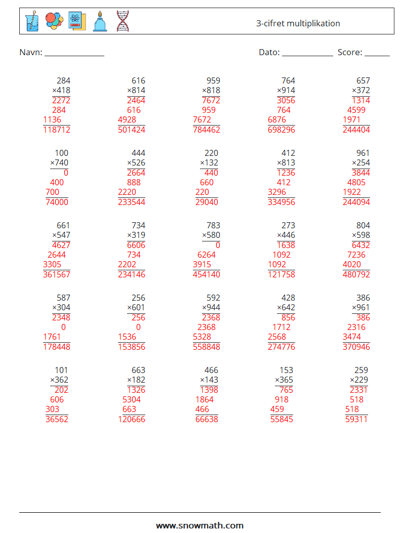 (25) 3-cifret multiplikation Matematiske regneark 7 Spørgsmål, svar