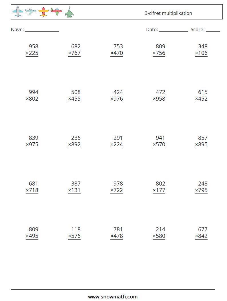 (25) 3-cifret multiplikation Matematiske regneark 8