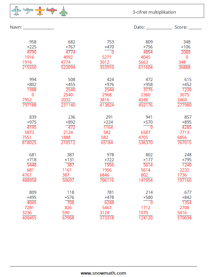 (25) 3-cifret multiplikation Matematiske regneark 8 Spørgsmål, svar