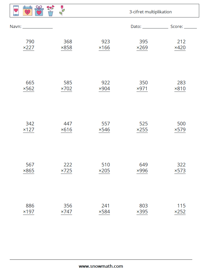 (25) 3-cifret multiplikation Matematiske regneark 9