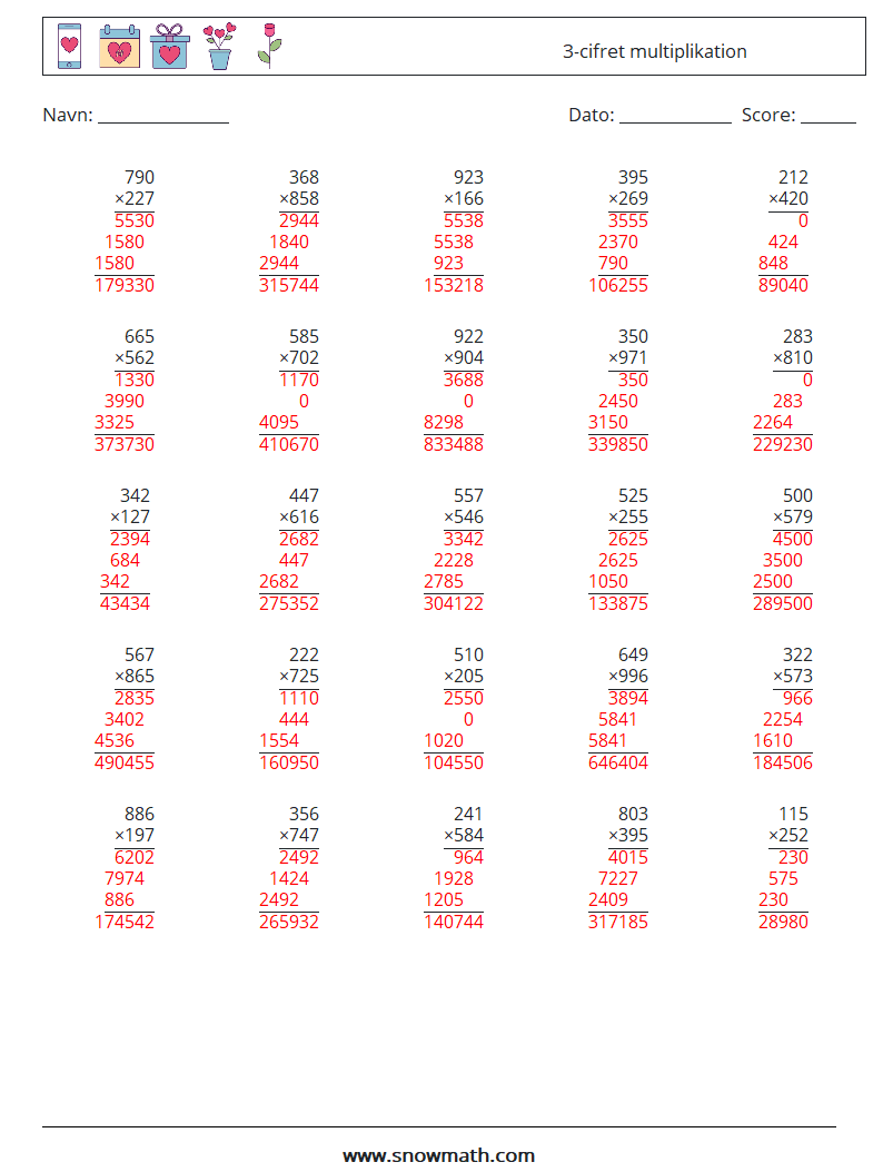 (25) 3-cifret multiplikation Matematiske regneark 9 Spørgsmål, svar