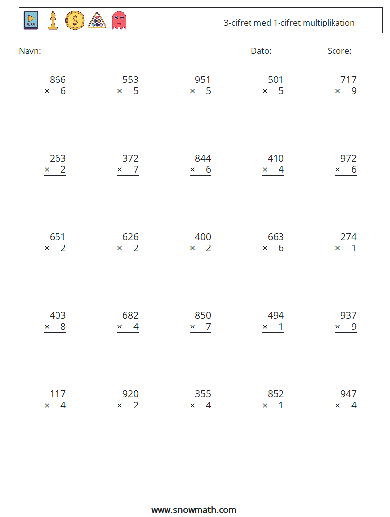 (25) 3-cifret med 1-cifret multiplikation Matematiske regneark 1