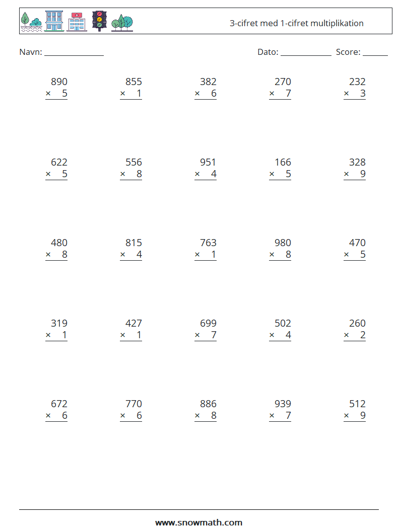 (25) 3-cifret med 1-cifret multiplikation Matematiske regneark 10
