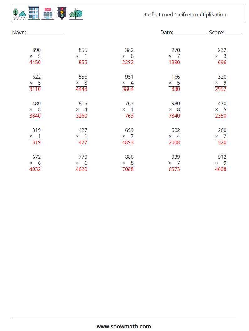 (25) 3-cifret med 1-cifret multiplikation Matematiske regneark 10 Spørgsmål, svar