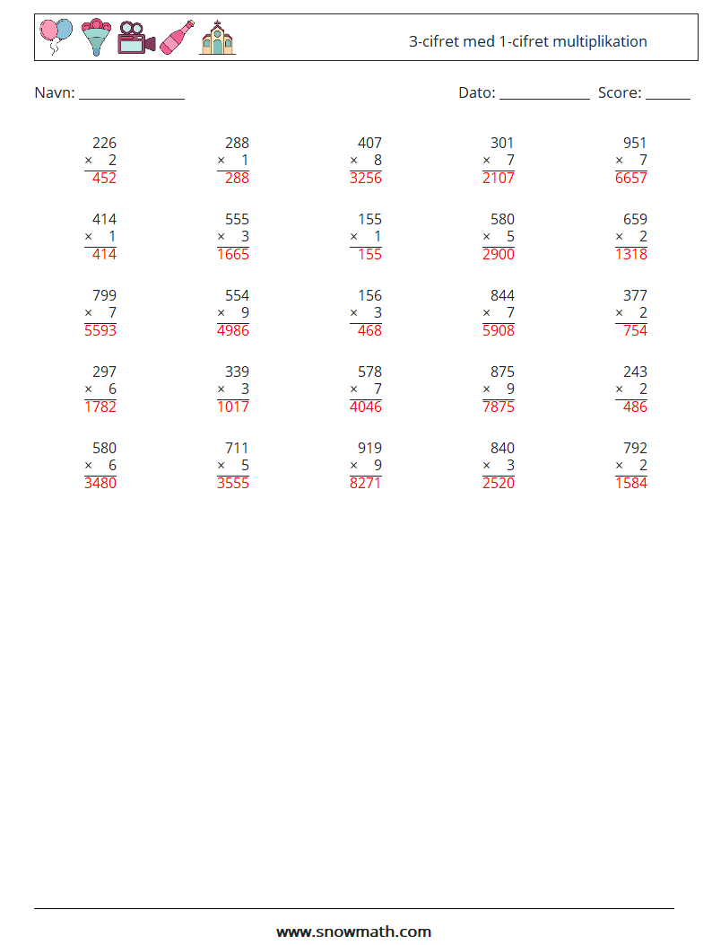 (25) 3-cifret med 1-cifret multiplikation Matematiske regneark 13 Spørgsmål, svar