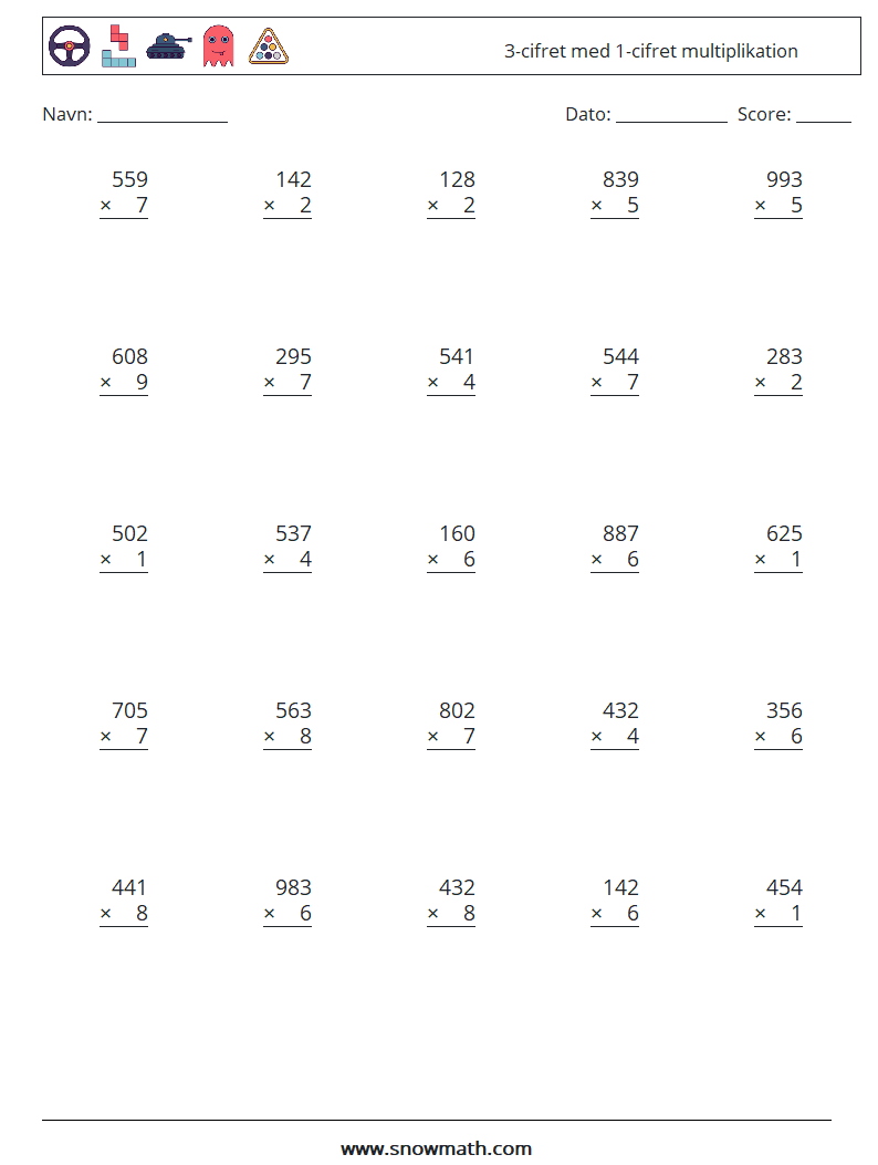 (25) 3-cifret med 1-cifret multiplikation Matematiske regneark 15