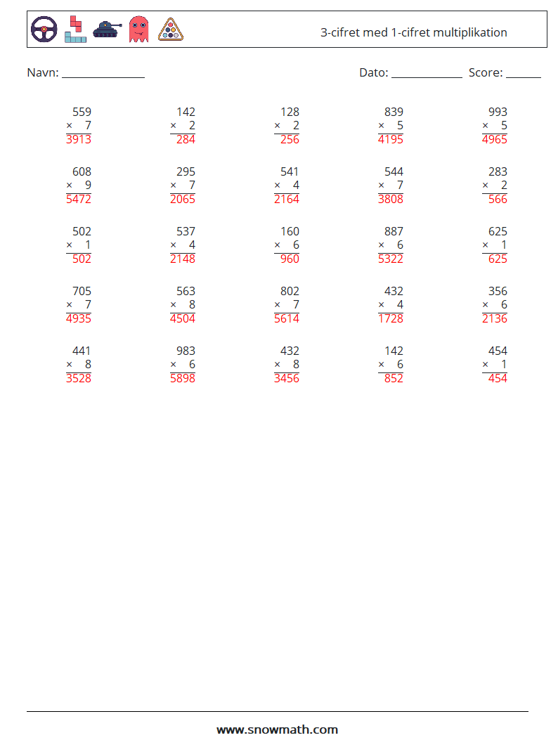 (25) 3-cifret med 1-cifret multiplikation Matematiske regneark 15 Spørgsmål, svar