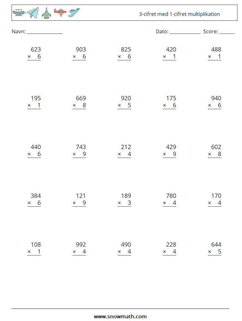 (25) 3-cifret med 1-cifret multiplikation Matematiske regneark 2