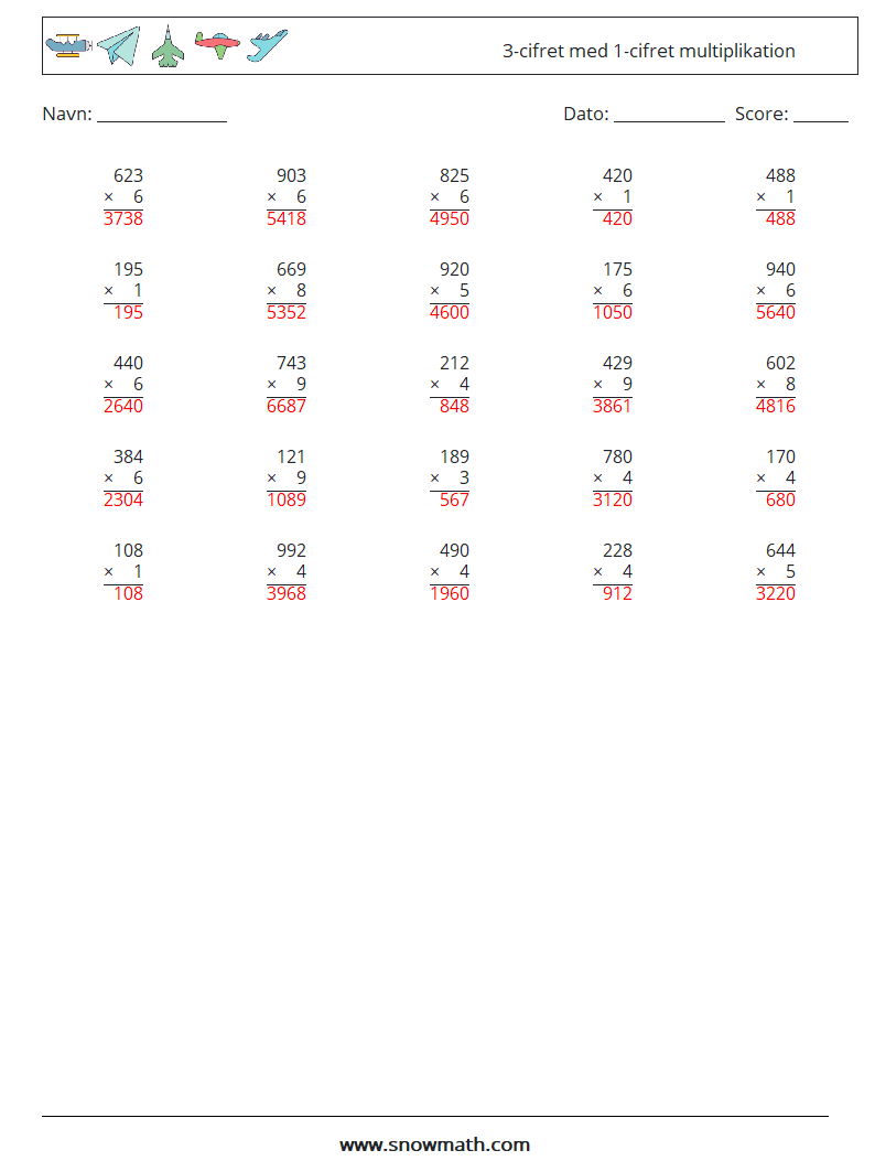 (25) 3-cifret med 1-cifret multiplikation Matematiske regneark 2 Spørgsmål, svar