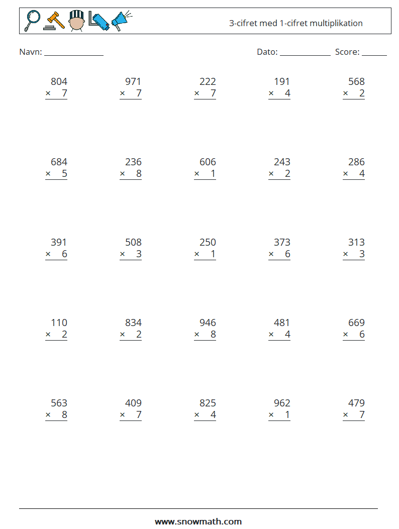 (25) 3-cifret med 1-cifret multiplikation Matematiske regneark 5
