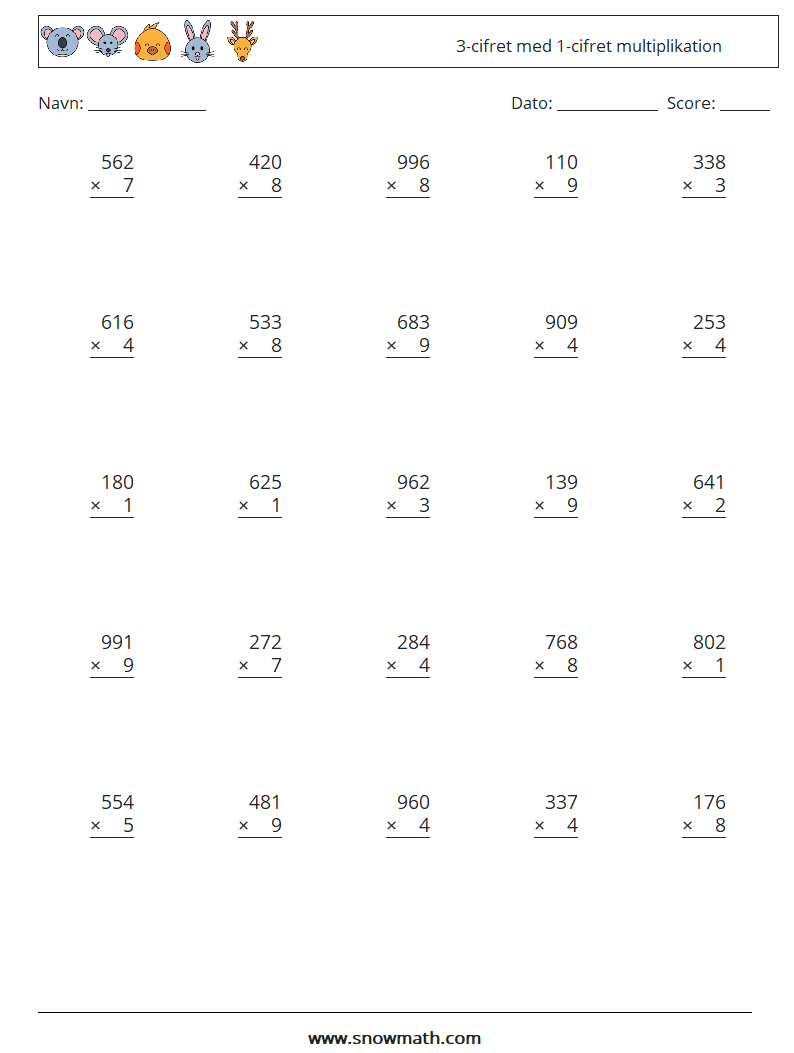 (25) 3-cifret med 1-cifret multiplikation Matematiske regneark 6