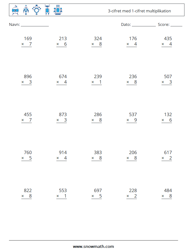 (25) 3-cifret med 1-cifret multiplikation Matematiske regneark 7