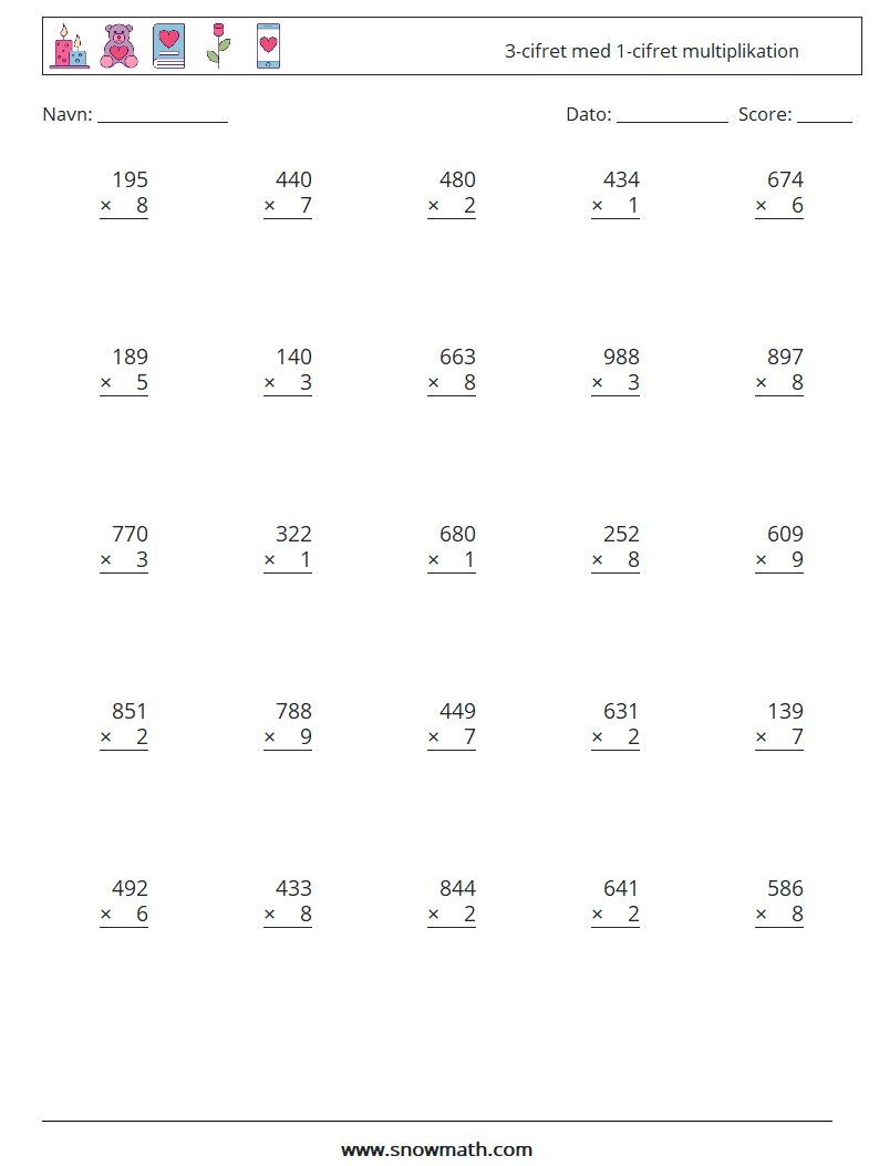 (25) 3-cifret med 1-cifret multiplikation Matematiske regneark 8