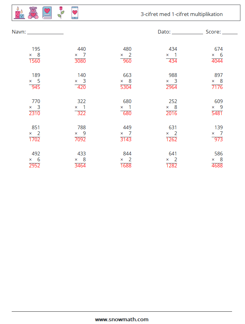 (25) 3-cifret med 1-cifret multiplikation Matematiske regneark 8 Spørgsmål, svar