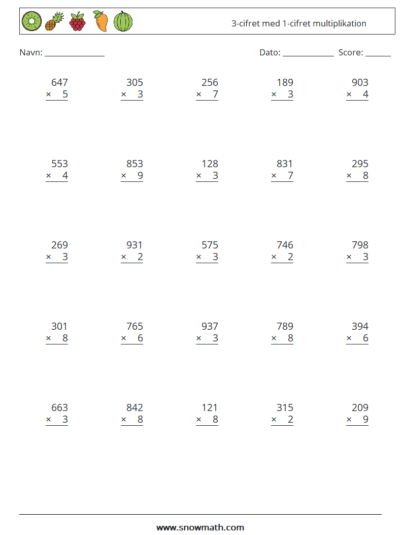 (25) 3-cifret med 1-cifret multiplikation Matematiske regneark 9